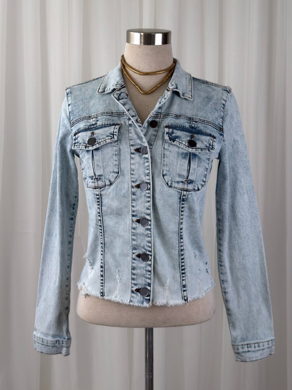 Kut from the Kloth Smiley Face Graphic Denim Jacket S Acid Wash Frayed Hem Y2K